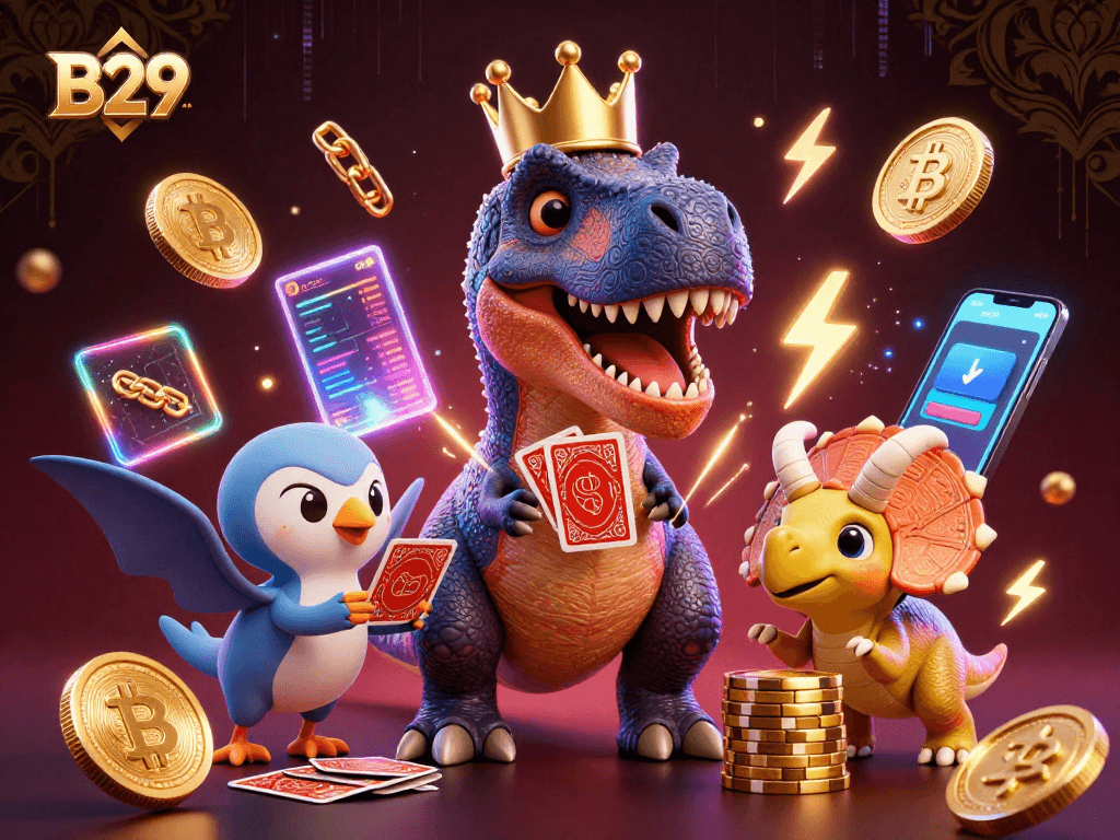 B29 offers thrilling gambling moments with a T-Rex shuffling cards and a pterodactyl assisting.