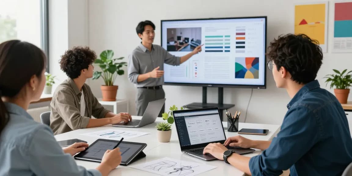 Team collaborating using google mixboard in an innovative workspace with vibrant atmosphere.