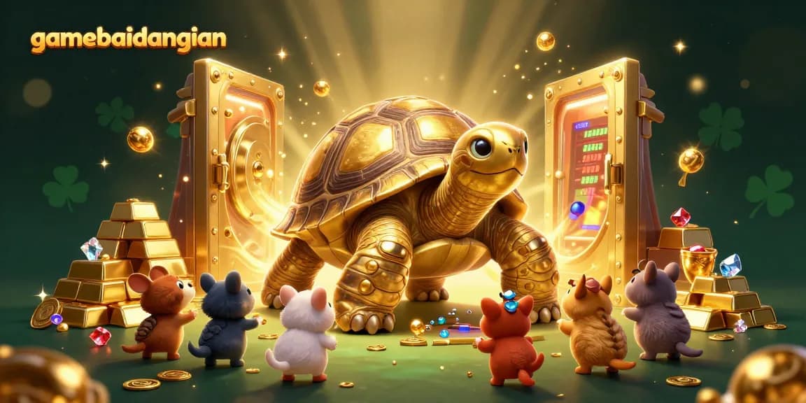 Experience gamebaidangian's thrilling gameplay with a golden tortoise and vibrant casino elements.
