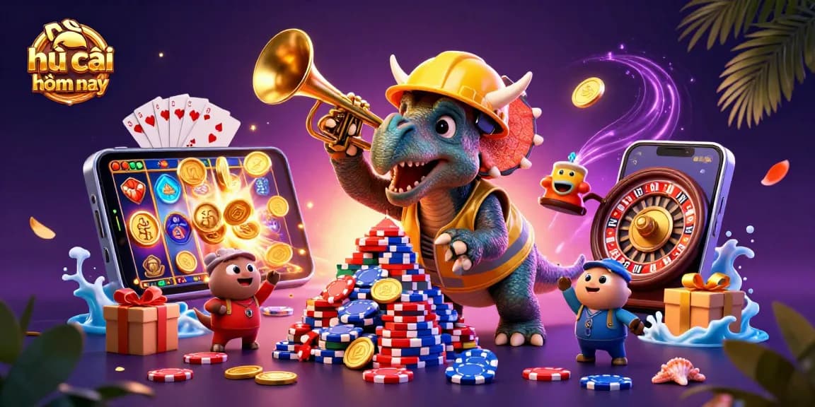 Engage with kèo nhà cái hôm nay as a triceratops builds a poker chip pyramid amidst vibrant casino elements.