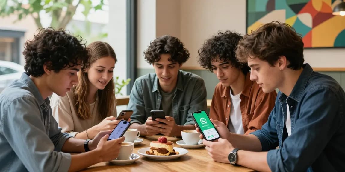 Friends downloading WhatsApp下載 together in a cozy café setting.