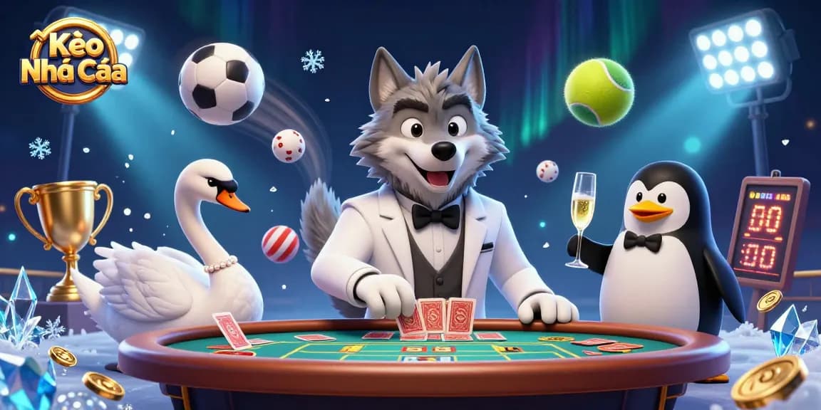 Kèo Nhà Cái features a sophisticated 3D casino scene with characters and dynamic sports elements in action