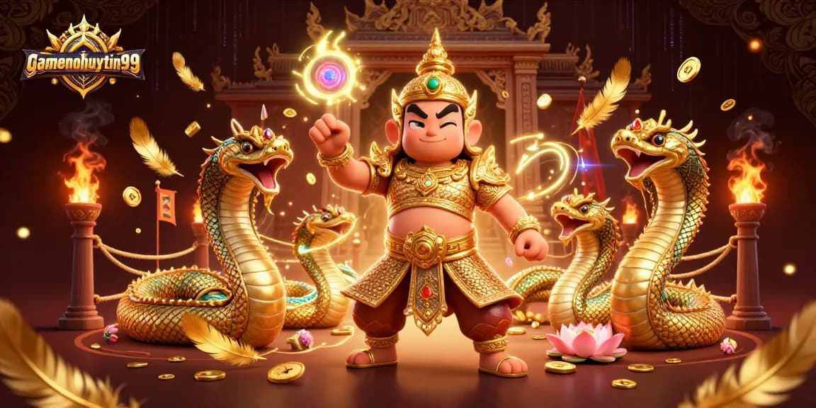 Engage with gamenohuuytin99 in a vibrant 3D illustration of a Thai guardian and Naga serpents.
