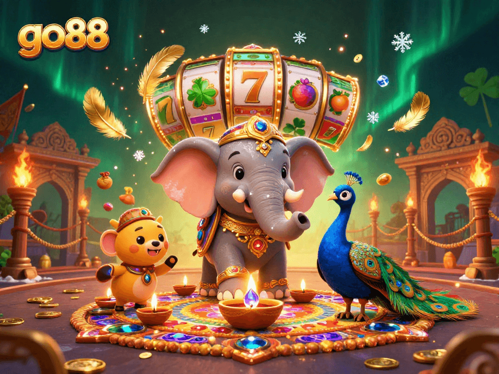 Engage with go88's vibrant casino universe featuring a Diwali-themed elephant and captivating slot elements.