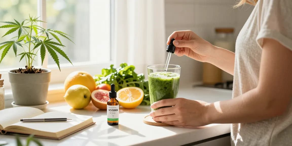 THC vape juice integrated in a wellness kitchen scene showcasing natural ingredients, vitamin-rich smoothie, and CBD oil, emphasizing a holistic health routine.