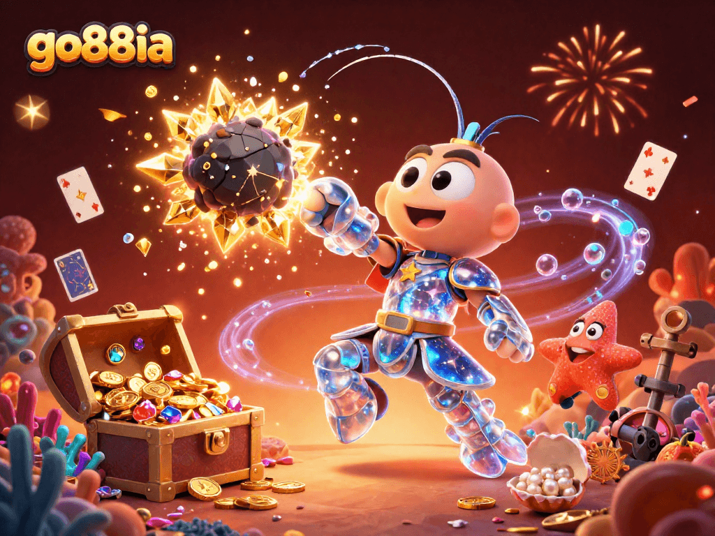 Engage with go88ia's thrilling gambling experience featuring vibrant 3D characters amid exploding treasures.