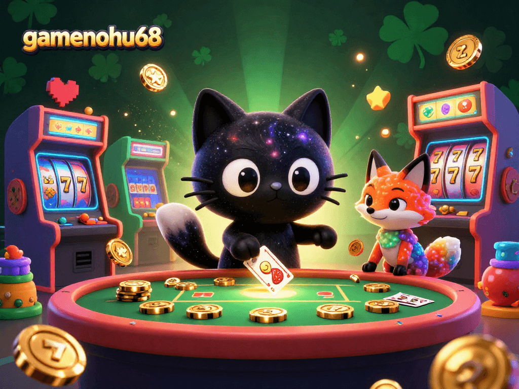 Experience the cosmic thrill of gamenohu68 as the black hole cat pulls in golden chips and cards at a vibrant casino.