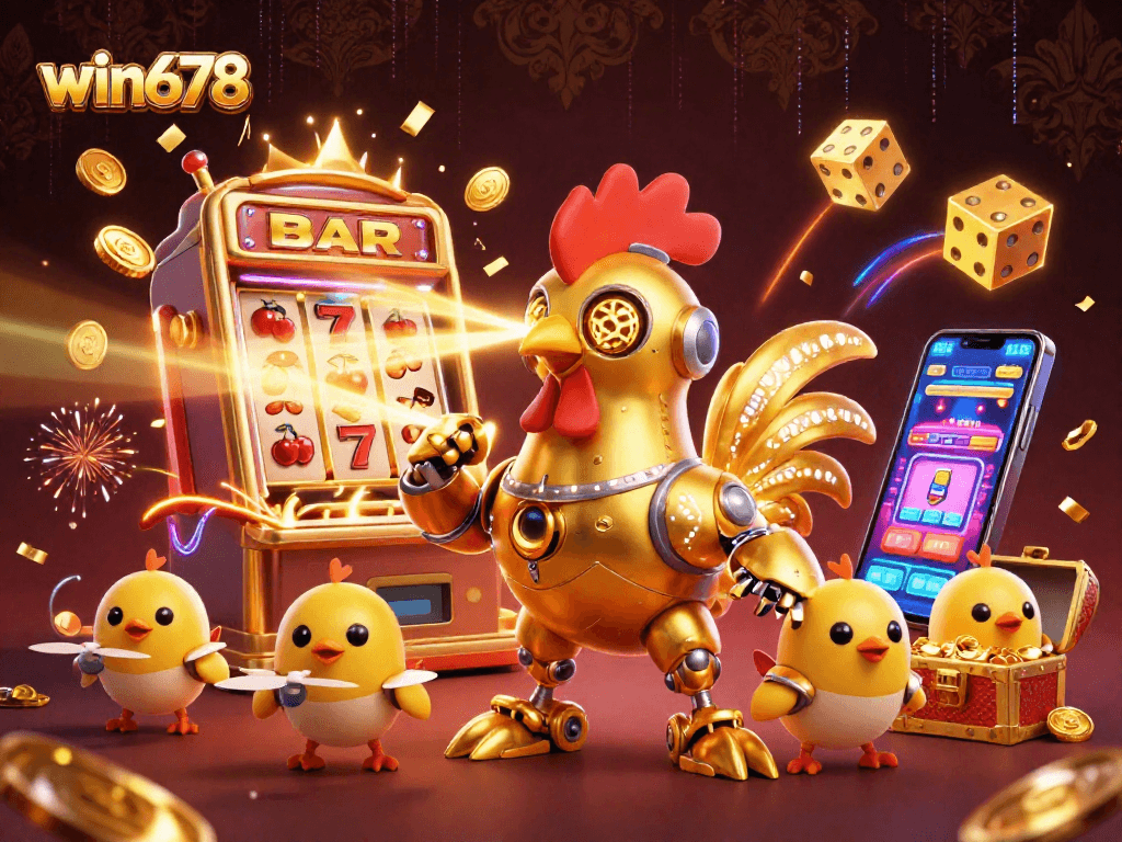 Engage with win678's exciting gaming features showcased in a vibrant, dynamic casino scene.