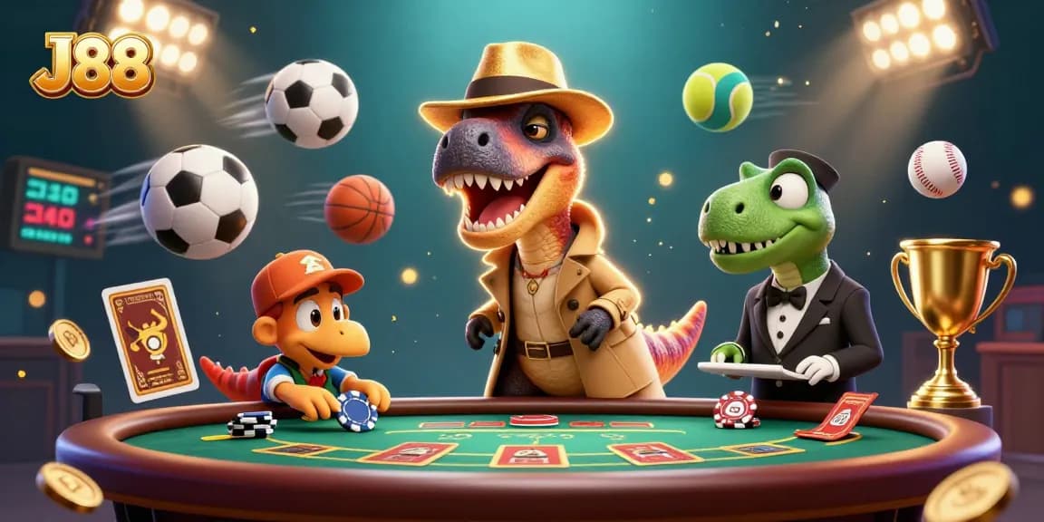 J88 velociraptor card counter interacts at a blackjack table in a dynamic casino scene.