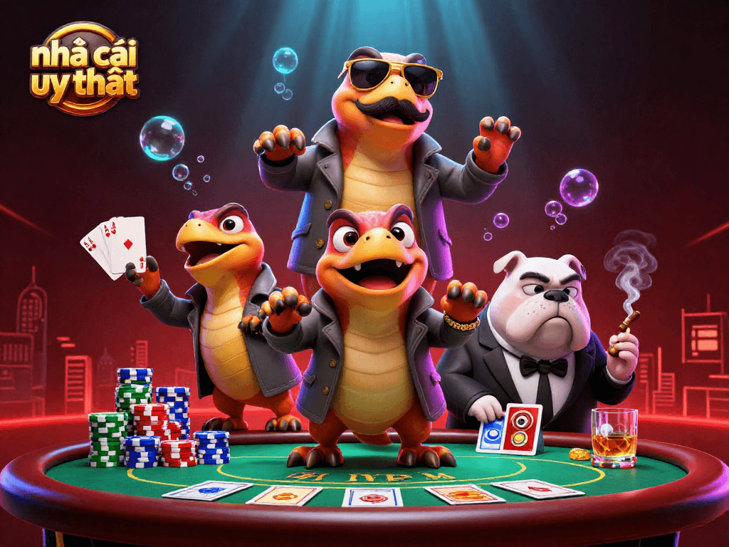Engage with nhà cái uy tín through vibrant 3D cartoon raptors in a casino scene.