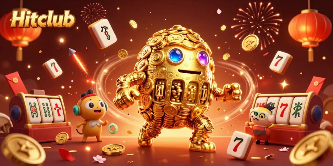 Experience excitement at Hitclub with a vibrant 3D illustration showcasing dynamic casino elements and celebration.