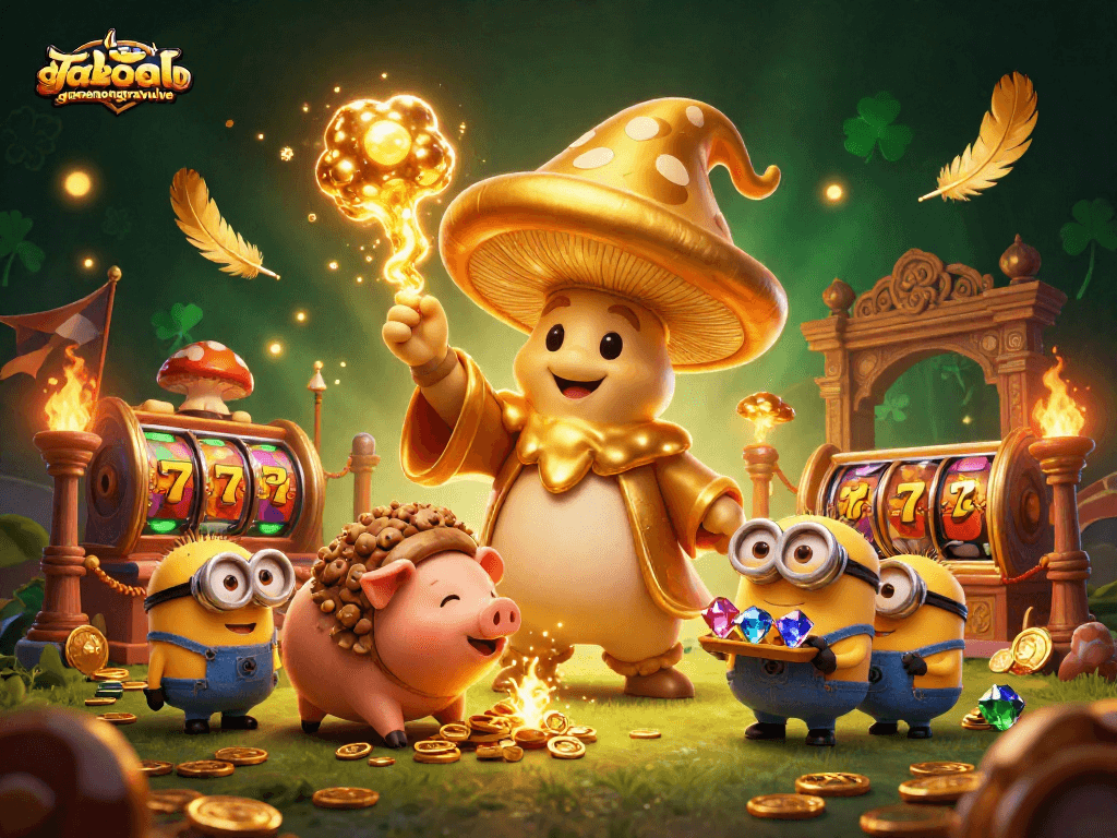 Engage with gamenongtraivuive's thrilling slot game scene featuring magical characters and gold treasures.
