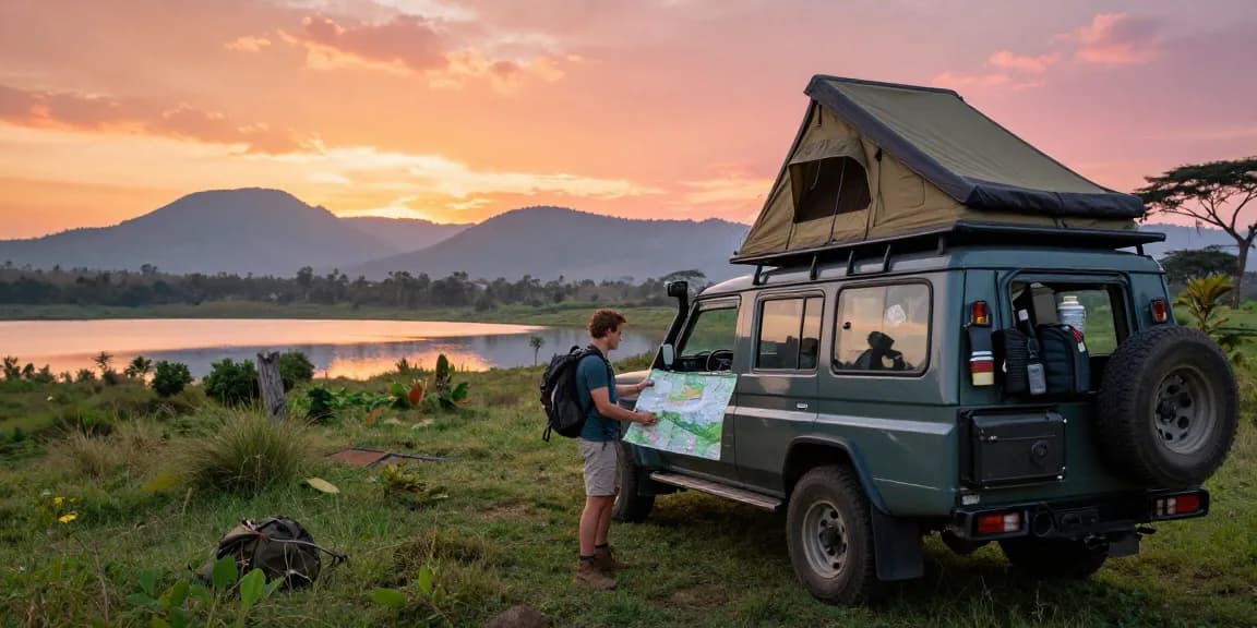 Car hire Uganda experience with a traveler beside a 4x4 vehicle at a scenic sunrise location, showcasing adventure and exploration.