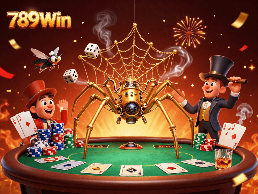Engage with exciting gameplay at 789Win, featuring an energetic steampunk spider and poker elements.