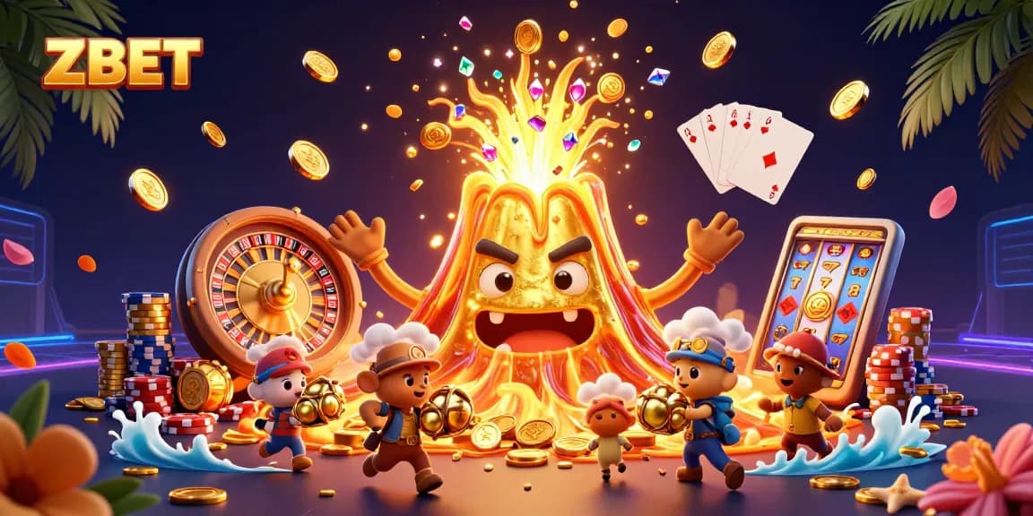 ZBET captivates gamers with vivid coins and treasures erupting from a golden volcano.