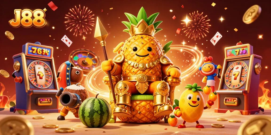 Engage with J88's vibrant beach casino scene filled with colorful characters and dynamic gaming elements.