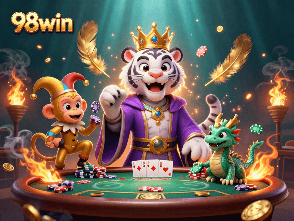 Engage in high-stakes poker with 98win, featuring a whimsical scene of casino characters and dynamic elements.