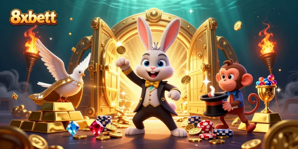 Experience the magic of 8xbett with a magician rabbit, dove, and monkey in a colorful gambling scene.
