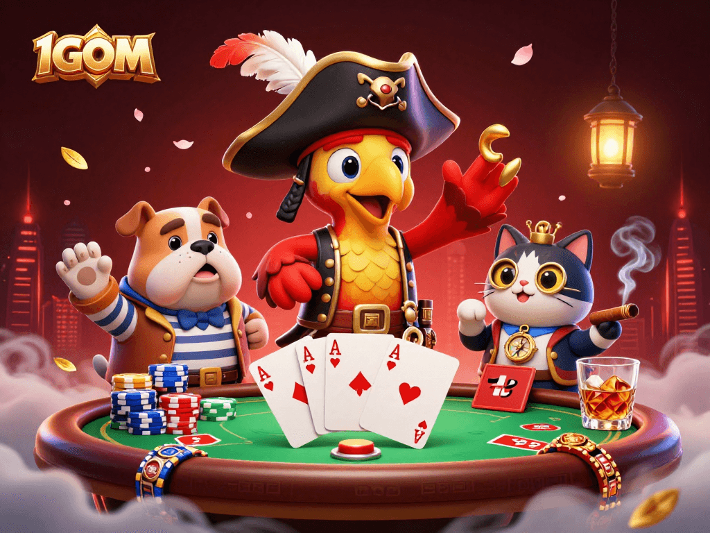 Engage in thrilling gaming action at 1GOM with cartoon pirate characters around a dynamic poker scene.