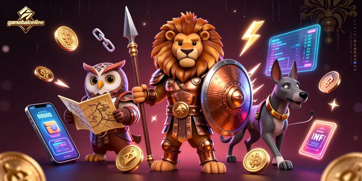 Engage in thrilling action at gamebaiionline as the Spartan lion leads with victory, surrounded by crypto coins.