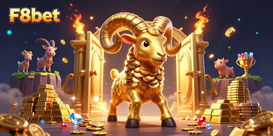 Win big with F8bet! A 3D cartoon golden ram charges through a treasure-filled casino.