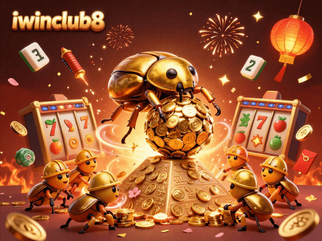Experience the thrill of iwinclub8 with a fun-filled casino scene featuring beetles and gold coins.