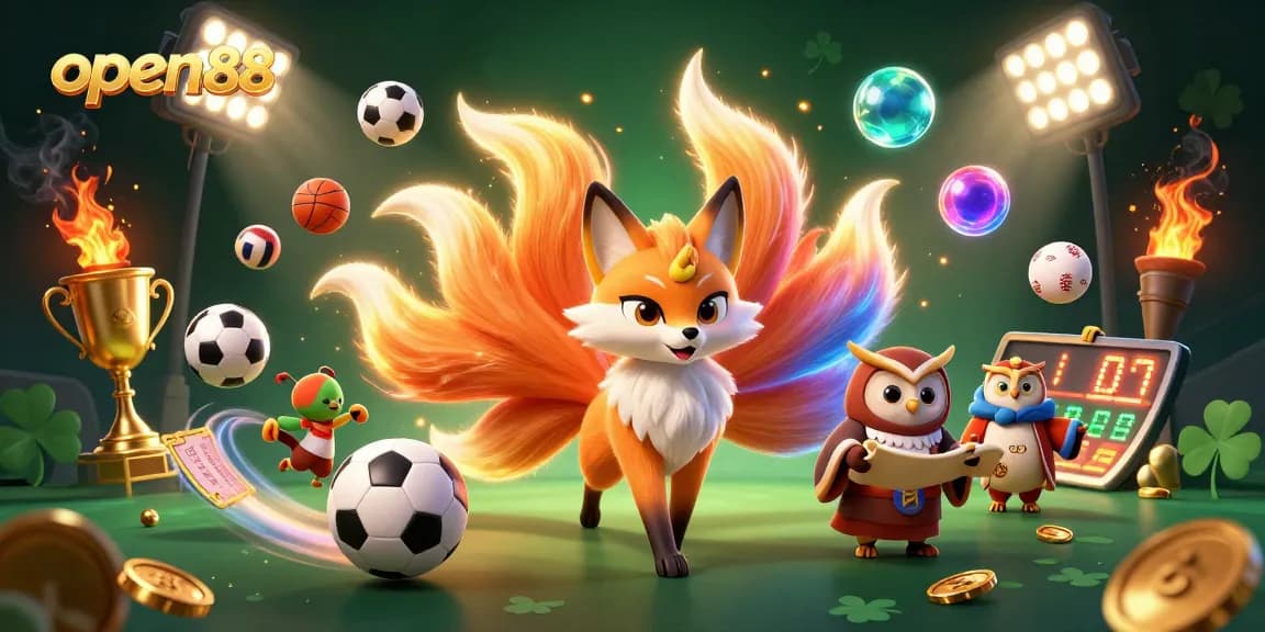 Engaging open88 illustration showcasing a vibrant nine-tailed fox spirit surrounded by exciting casino elements.