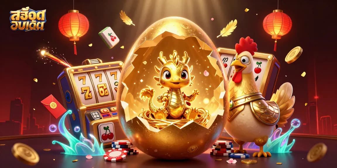 Experience สล็อตอัพเดท as a vibrant scene with golden dragon and slot elements creating excitement.