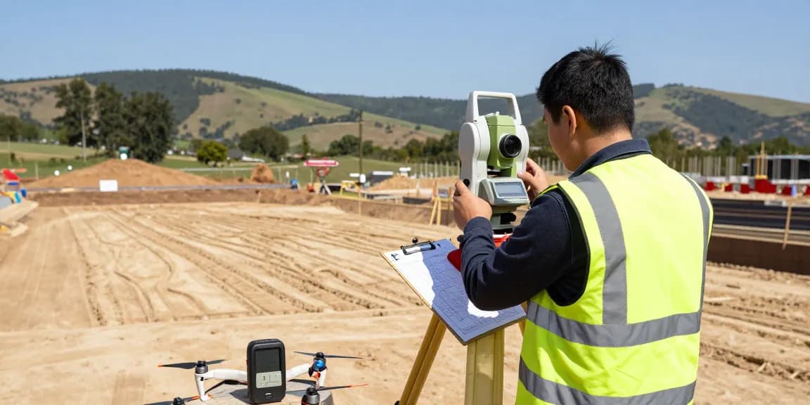 Topographical surveys Sussex showcasing a surveyor measuring land with advanced equipment.