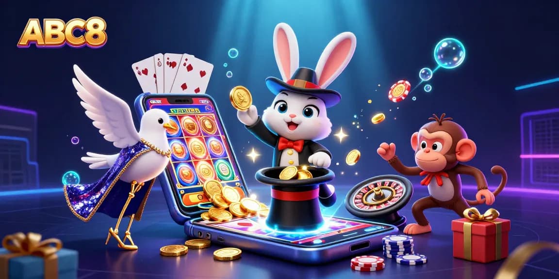 Experience thrilling moments with ABC8 as a magician rabbit conjures golden coins amidst slot games and playful characters.