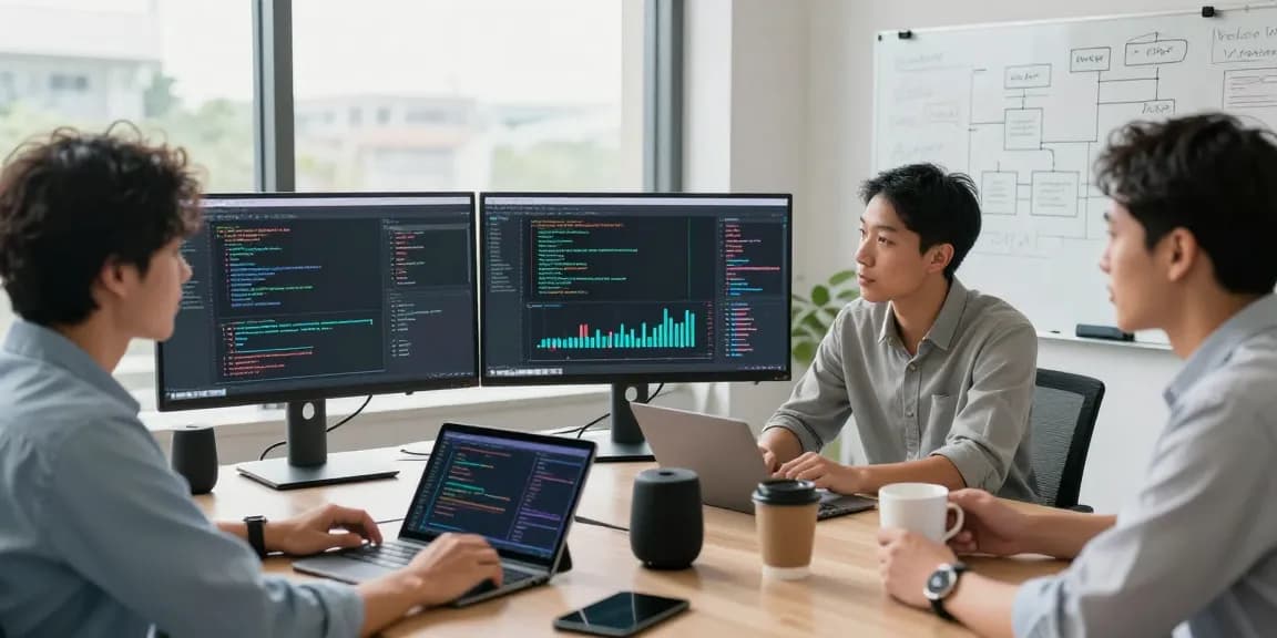 Team collaborating on AI agents in a modern tech workspace with dual screens and interactive graphs.