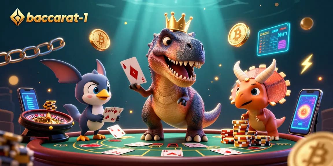 Engage with baccarat-1 through a colorful 3D illustration featuring card-playing dinosaurs and crypto elements.