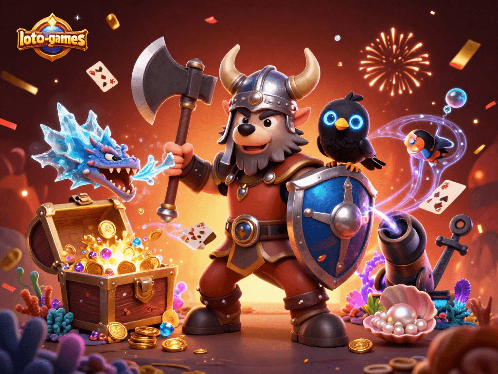 Experience thrilling gaming with loto-games featuring a Viking warrior and dragon in an epic 3D scene.