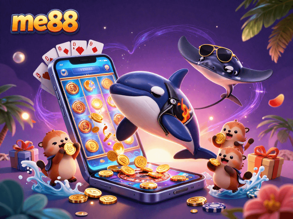 Experience excitement at me88, where a 3D orca and stingray celebrate wins with coins and games.