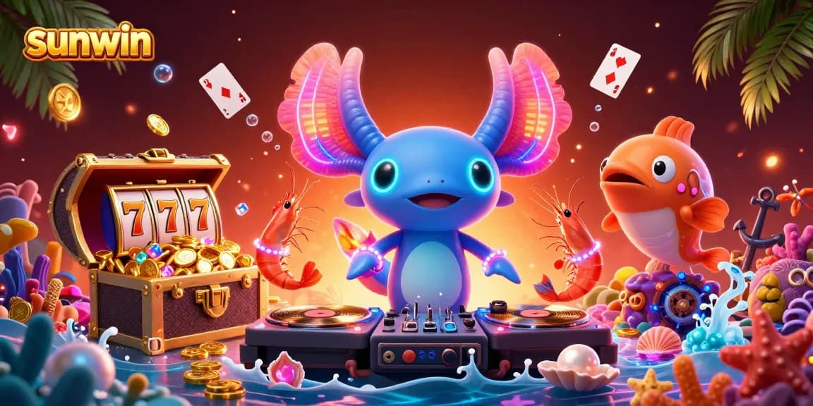 Sunwin reveals an exciting underwater casino with vibrant characters and slot reels amidst treasure.