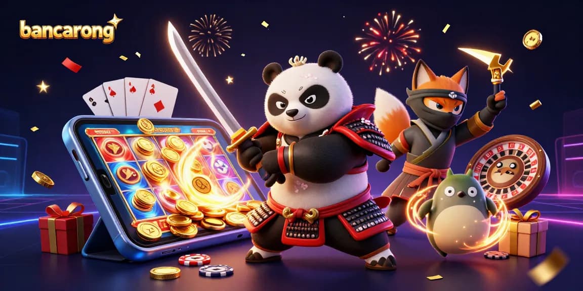 Bancarong slot frenzy featuring a samurai panda, ninja fox, and magical tanuki immersed in casino excitement.