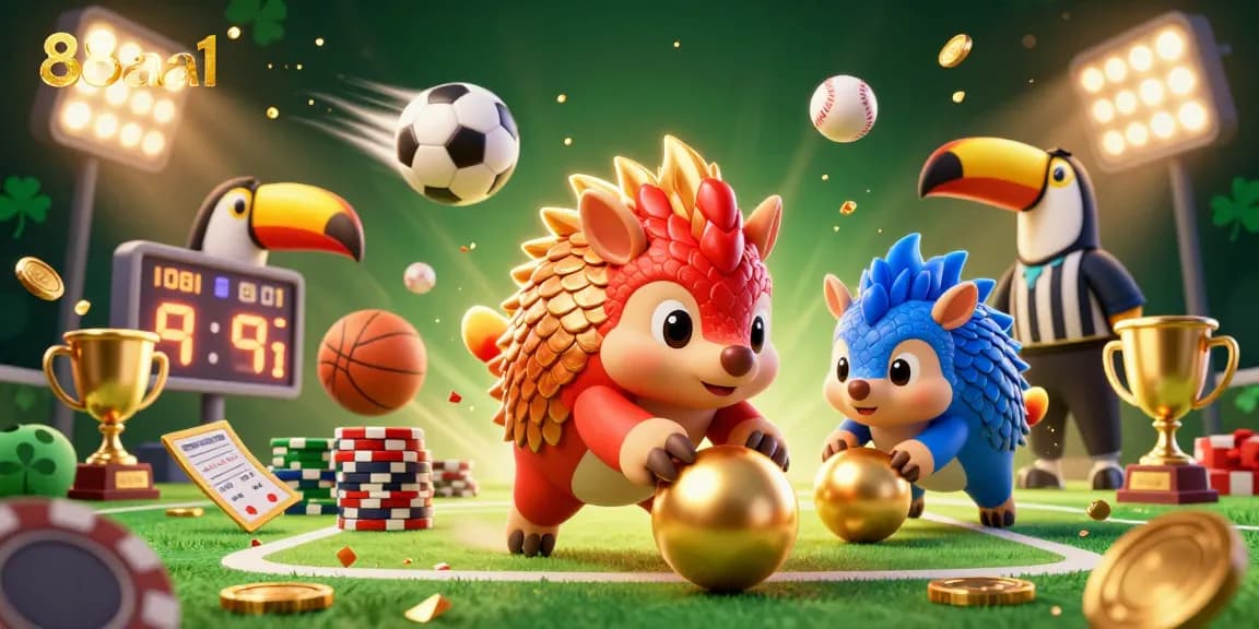 Betting on 88aa1 with rival pangolins celebrating amidst golden coins and vibrant sports elements in a lively casino scene.