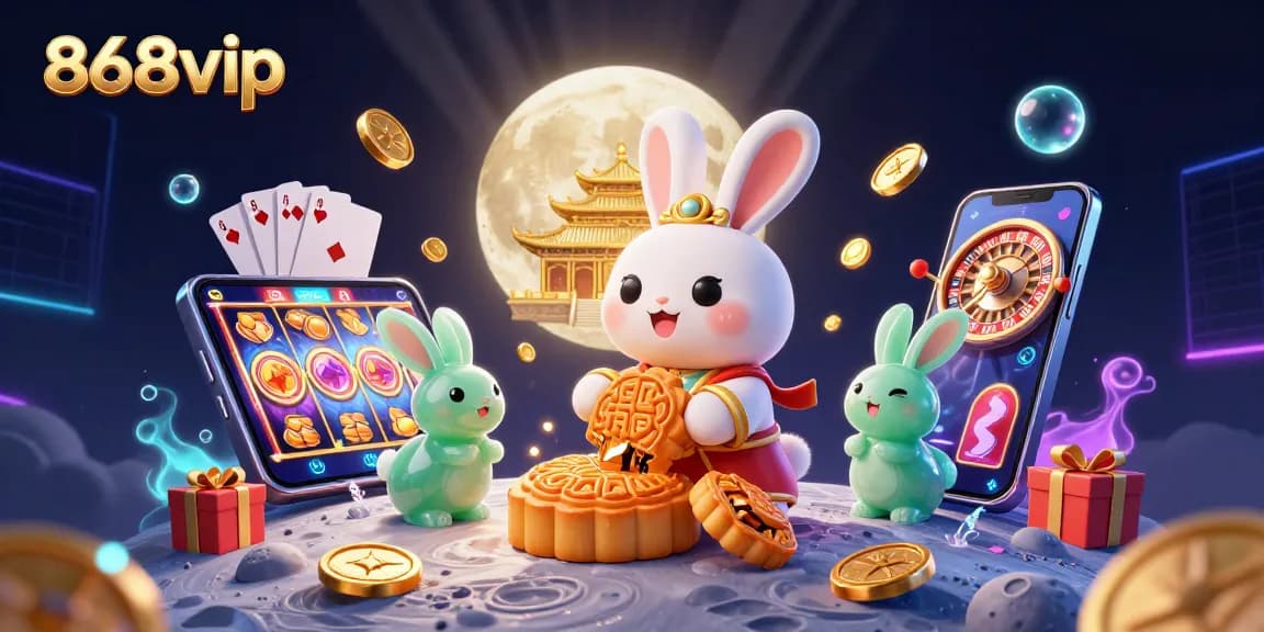 Engage with thrilling 868vip gaming, featuring a whimsical rabbit on the moon with casino treasures.