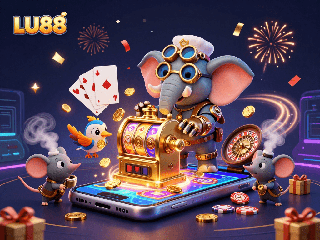 LU88 players engaging with a fantasy slot machine surrounded by colorful game elements