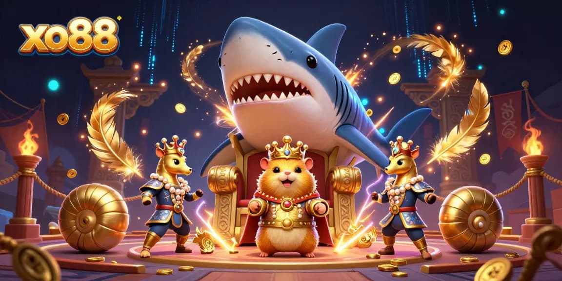 Engage in thrilling battles with xo88 as a hamster king reigns in a vibrant, animated casino arena.