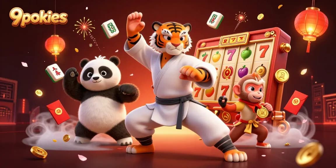 Engage in thrilling gameplay at 9pokies with a cartoon kung fu tiger and slots galore!