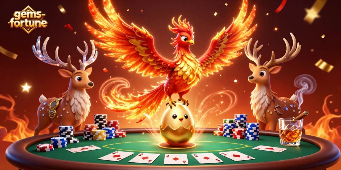 Experience the thrill of gems-fortune as a phoenix soars over a vibrant casino scene, showcasing high-stakes poker elements.