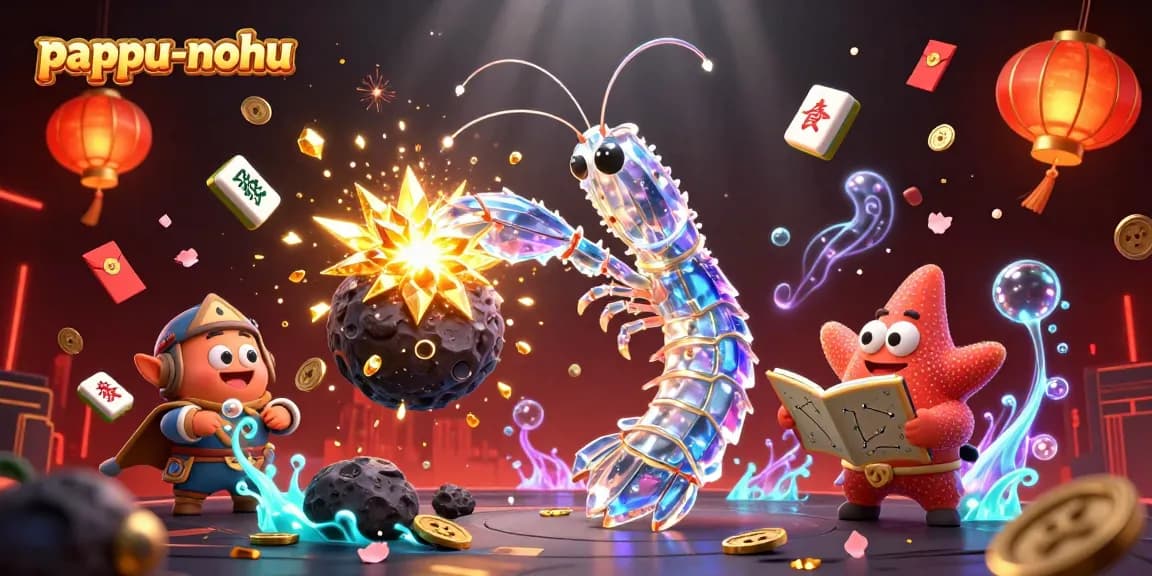 Pappu-nohu action scene depicting a galactic samurai mantis shrimp battling asteroids for gems, with vibrant casino elements.
