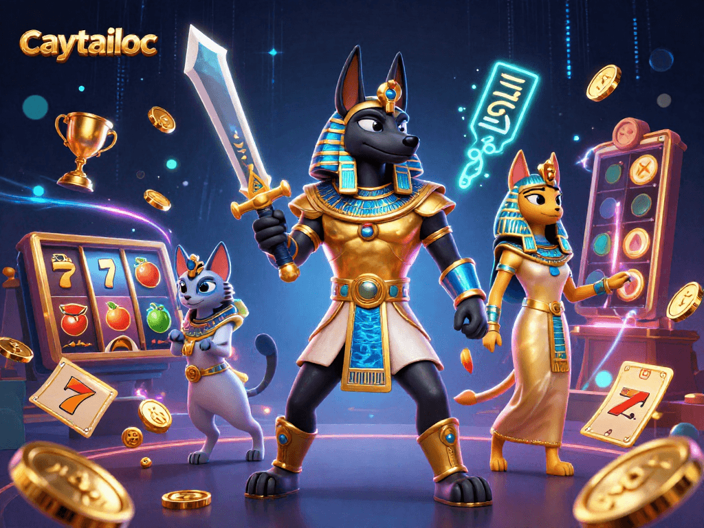 Caytailoc offers thrilling gameplay with slots and jackpot features, showcasing dynamic casino art.