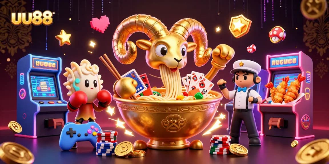 uu88 engages players with an exciting casino adventure featuring a giant ramen bowl and vibrant game elements.