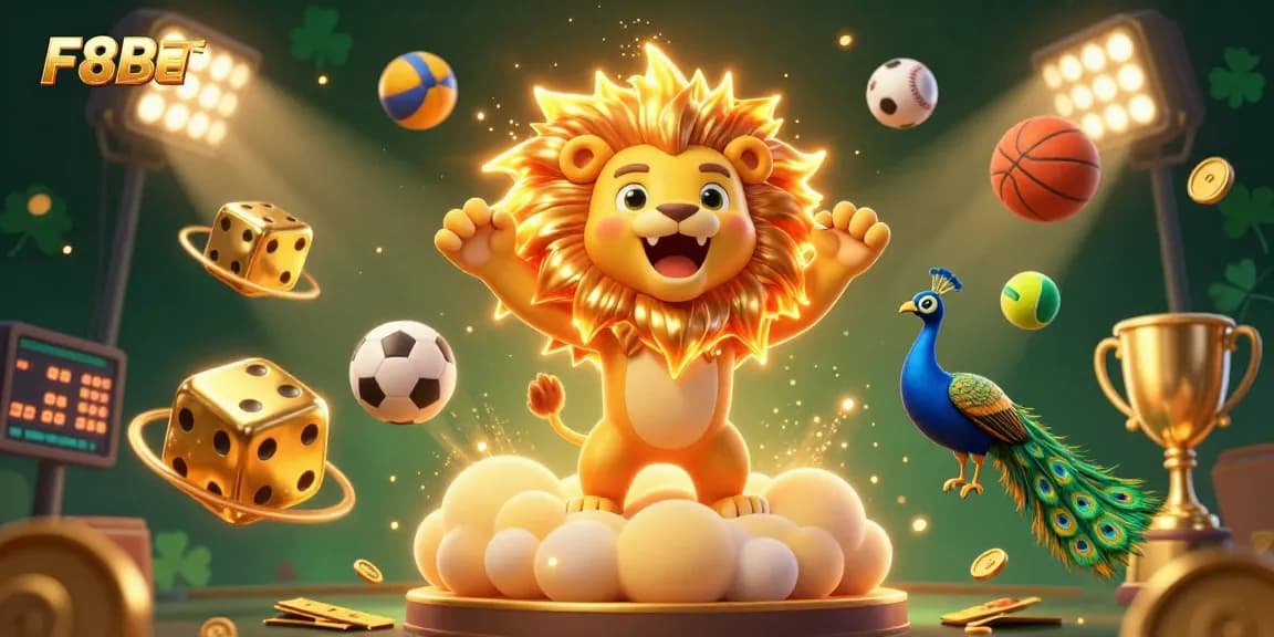 Engage with F8BET's thrilling environment, where a magnificent lion and golden dice create exhilarating gambling energy.