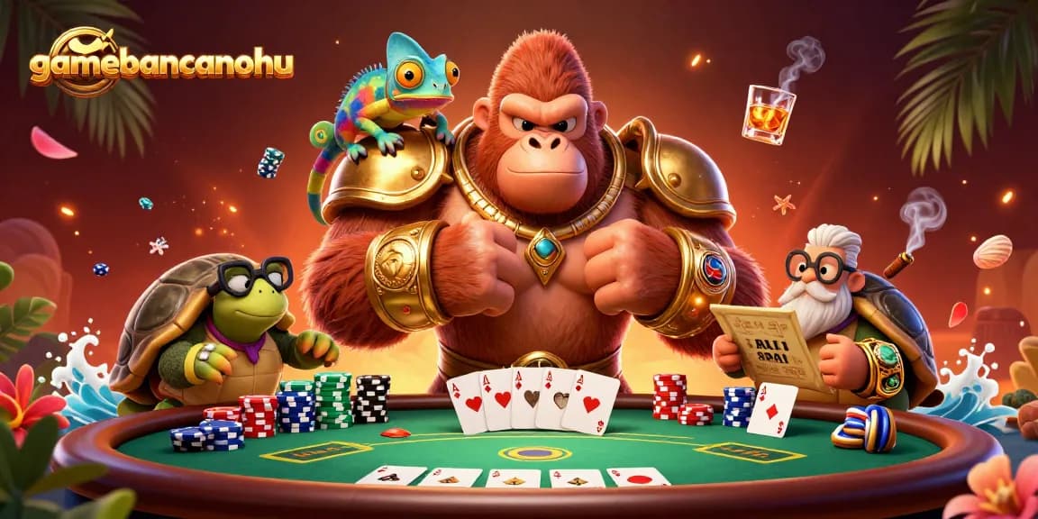 Gamebancanohu showcases a powerful gorilla king triumphantly at a poker table, amid vibrant casino elements.