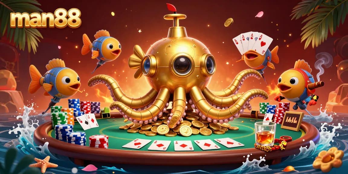 Engage in the excitement of man88 as the golden kraken rises amidst poker chips and cards.