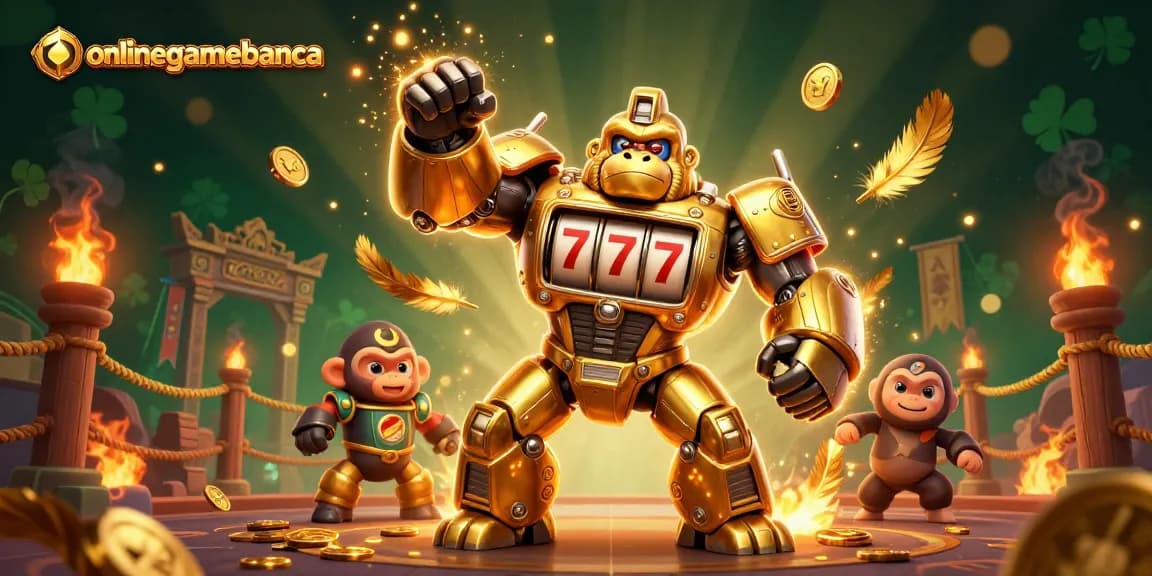 onlinegamebanca showcases a golden gorilla mech smashing through coins in an energetic casino scene.