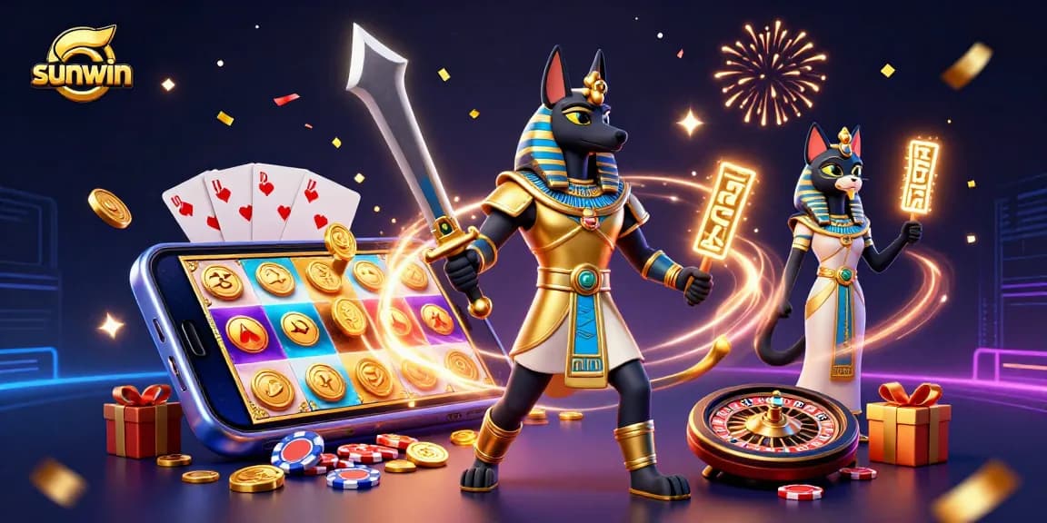 Experience sunwin's thrilling slots with Anubis and Bastet amidst vibrant casino elements.